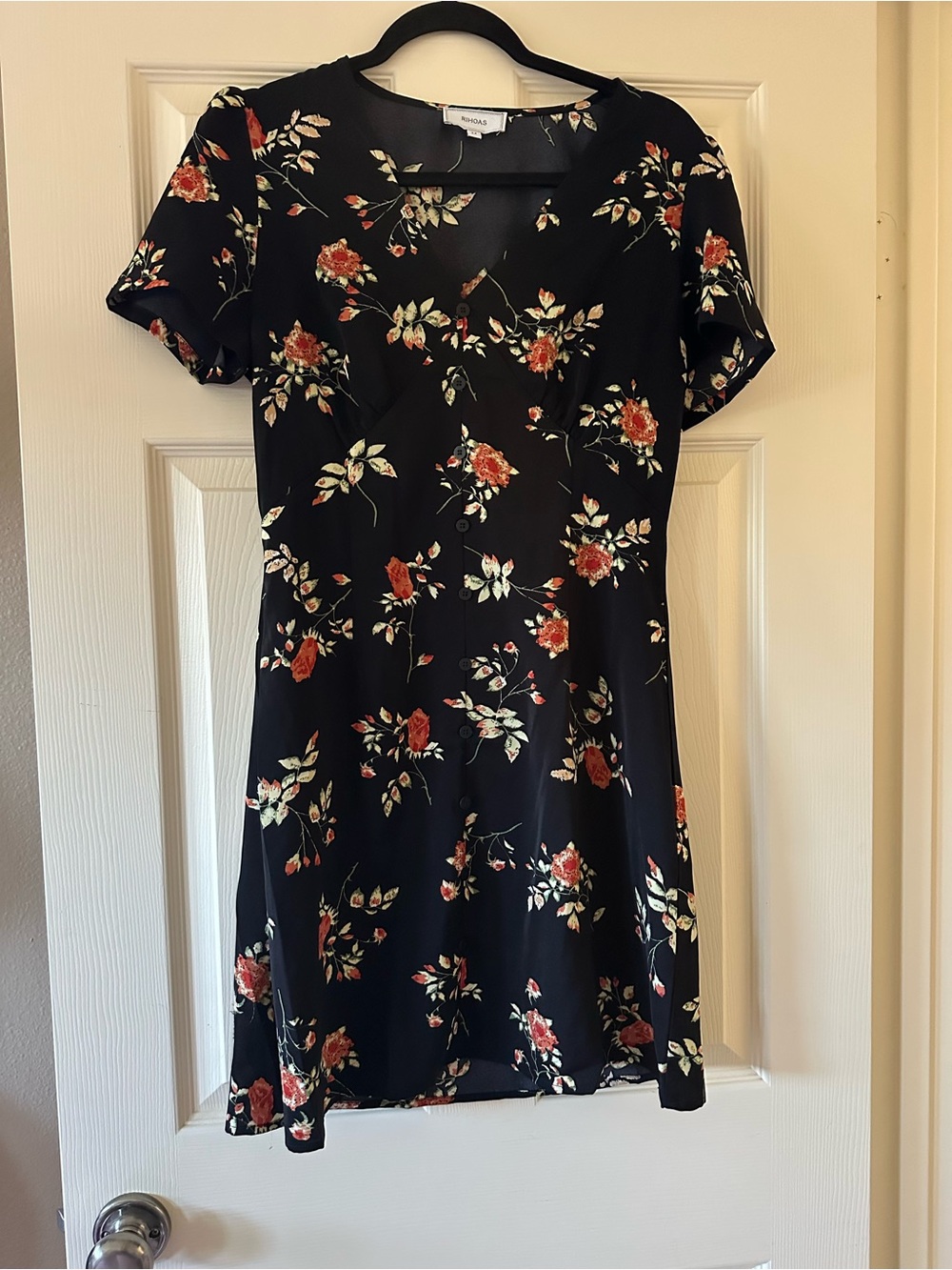 RIHOAS Black Mini Dress with Red Floral Print